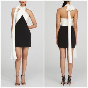 New Halston Renae Dress Black White Colorblock Mini Bow Neck Drape Sz 8